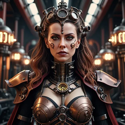 Prompt: Hyper-detailed steampunk female Sith Lord in cinematic 8K, ornate, photorealistic, walking towards the viewer, intricate steampunk armor, dramatic lighting, ominous atmosphere, mechanical elements, industrial color palette, menacing presence, high quality, photorealism, hyper-detailed, cinematic, steampunk, Sith Lord, ornate, dramatic lighting, industrial, menacing