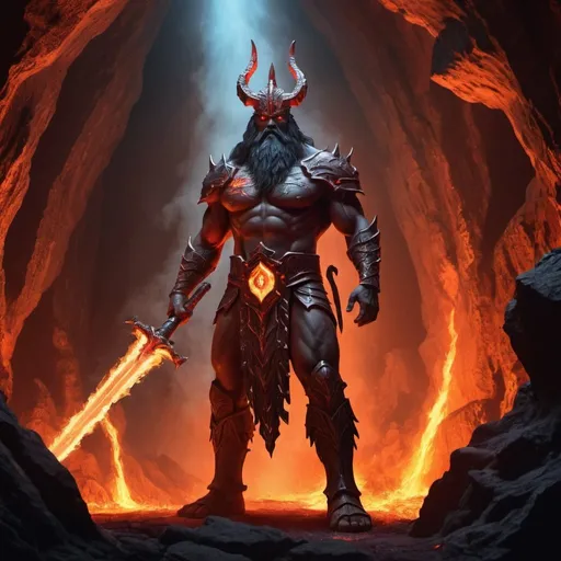 Prompt: "Create a vivid digital illustration of Zalto the Inferno Sovereign, the Fire Giant King, he is wielding a single sword and it is the legendary sword Infernus, standing in an underground cavern carved deep within a mountain. Make it a full body shot with him facing the viewer. It should be hyper realistic in 8K.  