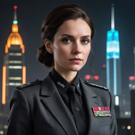 Prompt: Victoria Cross stands tall and regal, exuding an air of authority and power. Her piercing gaze seems to see through anyone who dares to meet her eyes. She has a commanding presence, with sharp, angular features and perfectly styled hair that falls in sleek waves around her face.

She wears a tailored business suit that accentuates her figure, the fabric a deep shade of charcoal gray that contrasts with the gleaming silver of her corporate insignia pin. Her attire is both professional and impeccably fashionable, a testament to her status as one of the corporate elite.

In one hand, she holds a sleek tablet computer, a symbol of her mastery over technology and information. The screen displays a holographic projection of a world map, with glowing markers indicating the locations of CrossTech Industries' various assets and subsidiaries.

Behind her, the towering skyscrapers of the corporate district loom, their sleek facades reflecting the harsh glare of neon lights and digital billboards. The cityscape stretches out endlessly, a testament to the reach of Victoria Cross's influence and ambition.

This is a cyberpunk setting and should look like a movie shot, very cinematic 8K.