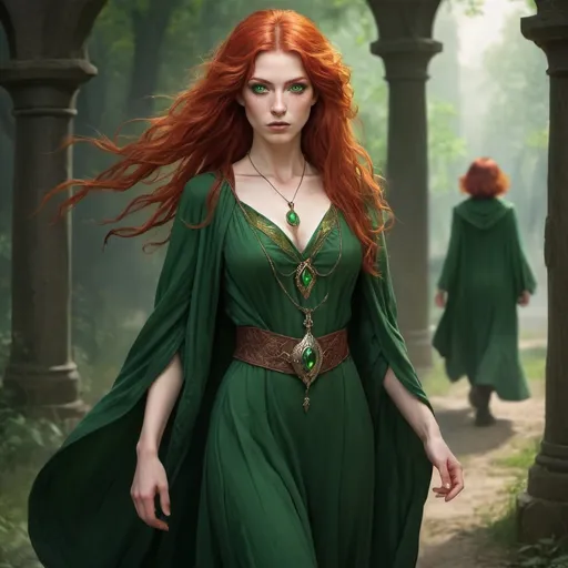 Prompt: Give me an image of a female sorcerer walking toward the viewer. The time period is 1920 and she is an envoy of the Summer court of the Fae. She has red hair and green eyes, she is dressed very well.