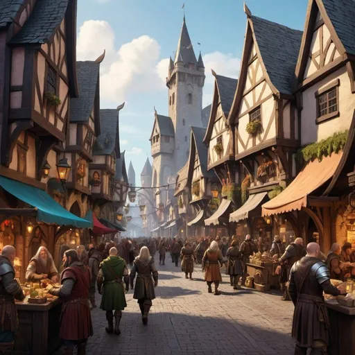 Prompt: Fantasy town main street bustling with humans, elves, and dwarves, medieval fantasy setting, high-quality, detailed, vibrant colors, fantasy, diverse characters, atmospheric lighting, busy market square, fantasy architecture, bustling activity, DnD, medieval, diverse characters, vibrant colors, atmospheric lighting