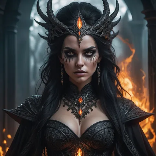 Prompt: In a stunningly detailed 8K cinematic painting, a malevolent enchantress exudes power and malice through her fiery eyes in a high fantasy realm. Her dark sorcery mastery is evident in her regal yet ominous presence, with flowing ebony hair and intricate, sinister attire that accentuates her commanding presence. The photorealistic depiction captures every intricate detail, from the intricate patterns on her robes to the eerie glow of her magical aura, drawing viewers into a realm of dark and dangerous beauty.