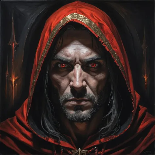 Prompt: In the dimly lit halls of Barad-dûr, a shadowy Numenorean. His ebony and gold armor, with a red robe and hood. There is a magical darkness that covers his face like a black shroud. This haunting portrait, rendered in rich oil paints, captures every detail of his menacing presence. The captive intensity in his piercing eyes tells a story of dark servitude, enhancing the ominous ambiance of the image. This masterful depiction skillfully conveys the sinister allure of the character, drawing the viewer into a world of fantasy and treachery. this is a full body shot.