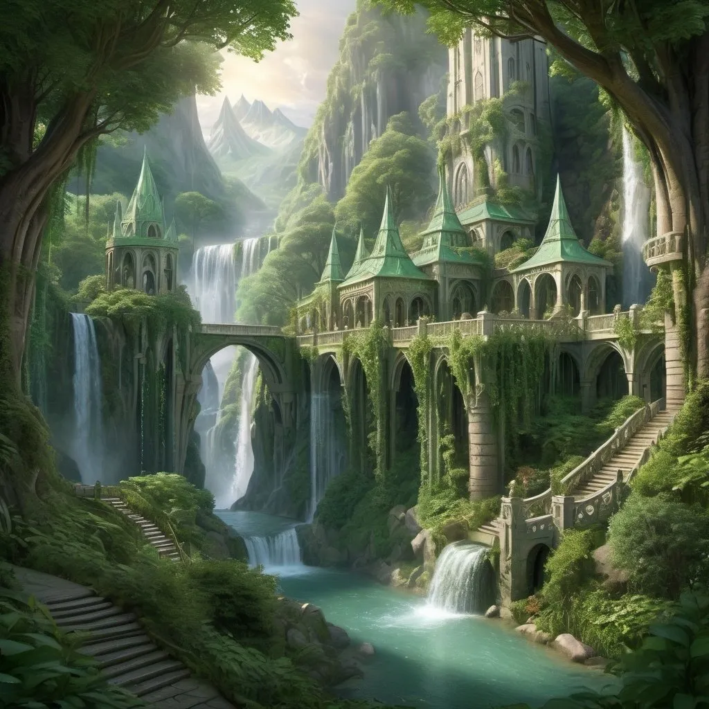 Prompt: Enchanting view of Rivendell, lush greenery, cascading waterfalls, elven architecture with intricate carvings, mystical and ethereal atmosphere, high fantasy style, soft ethereal lighting, high quality, detailed elven architecture, serene and magical, fantasy, lush green tones, mystical atmosphere, detailed landscapes, enchanting beauty