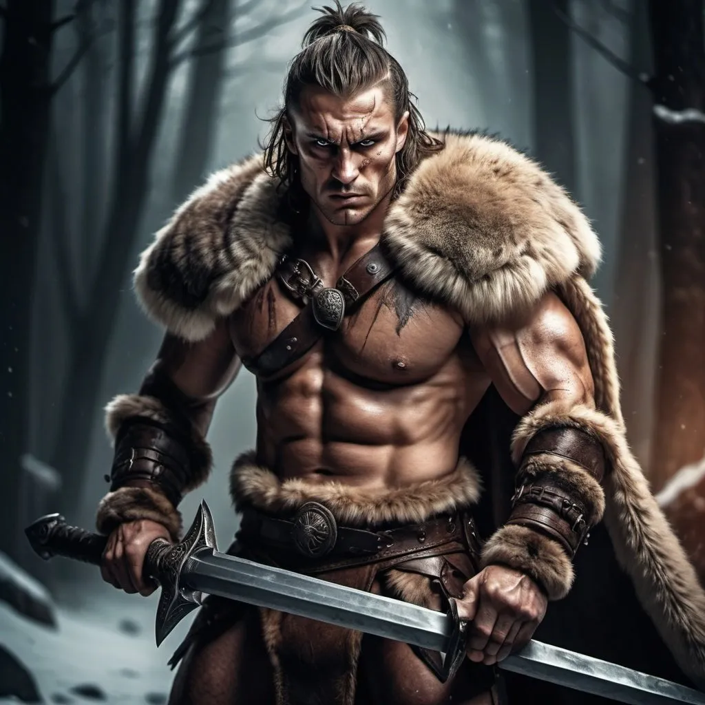 Prompt: Intimidating male barbarian in furs and leathers, wielding a large two-handed sword, fierce gaze, detailed facial features, high quality, digital art, fantasy, earthy tones, dramatic lighting, intense expression. Scars on face and arms.