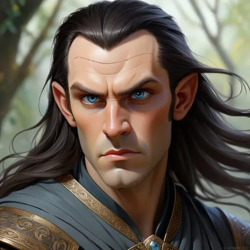 Prompt: Elladan, Elrond's son and the elder twin, bears a striking resemblance to his father with his dark hair and grey eyes. He exudes strength, courage, and a warrior-like presence, embodying noble lineage. In an exquisite painting, Elladan is portrayed with a regal aura, his features highlighted by intricate details and a sense of undeniable power. Every brushstroke captures his essence, emphasizing his majestic and commanding presence in a way that captivates the viewer's attention.