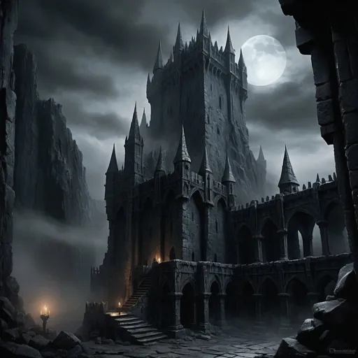 Prompt: Dark, menacing fortress of Dol Guldur, ominous and foreboding, realistic digital painting, detailed stone architecture, eerie mist and shadows, high quality, dark fantasy, Gothic style, gloomy atmosphere, haunting, sinister, ancient ruins, subtle moonlight, menacing presence, mystical, grand scale, detailed textures, atmospheric lighting