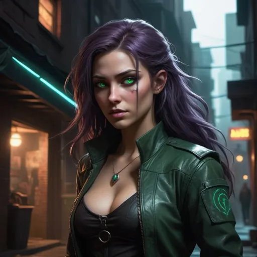 Prompt: Style: photo realistic. Set in the Shadowrun RPG setting. Elenia Nightshade stands in the midst of a dimly lit alley, her slender figure illuminated by the faint glow of arcane energy. Her elven features are set in a determined expression, her emerald green eyes alight with the power of magic. Her long, flowing hair cascades down her back like a river of midnight, framing her face in a halo of darkness.

She is dressed for battle, clad in simple street clothes that hug her curves in all the right places. A sleek leather jacket hugs her frame, its surface adorned with hidden pockets and compartments for her arsenal of weapons and magical paraphernalia. Beneath the jacket, she wears a form-fitting shirt that leaves little to the imagination, its fabric imbued with protective enchantments to shield her from harm.

In one hand, she grips a hidden blade, its gleaming edge poised to strike at a moment's notice. In the other hand, she holds aloft a crackling ball of arcane energy, her fingers splayed wide as she channels the power of her spells. The air around her shimmers with raw magical energy, a silent testament to her mastery of the arcane arts.

Behind her, the neon-lit streets of the city stretch out endlessly, a labyrinth of alleys and backstreets filled with danger and opportunity. The sounds of sirens and gunfire fill the air, a constant reminder of the harsh realities of life in the shadows. In this world of darkness and deceit, Elenia Nightshade is a beacon of hope, a guardian of the innocent and a scourge of the wicked. Cyberpunk, cinematic, 8K




