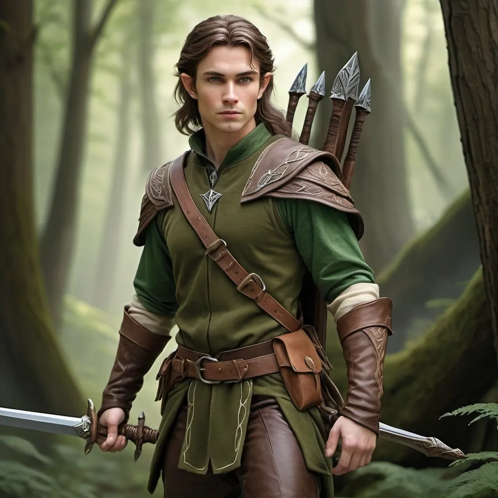 Prompt: Hyper-realistic human ranger in green and brown attire, carrying an exquisite elven sword, detailed brown hair and eyes, high-quality, hyper-realistic, forest setting, earthy tones, detailed facial features, professional, realistic lighting