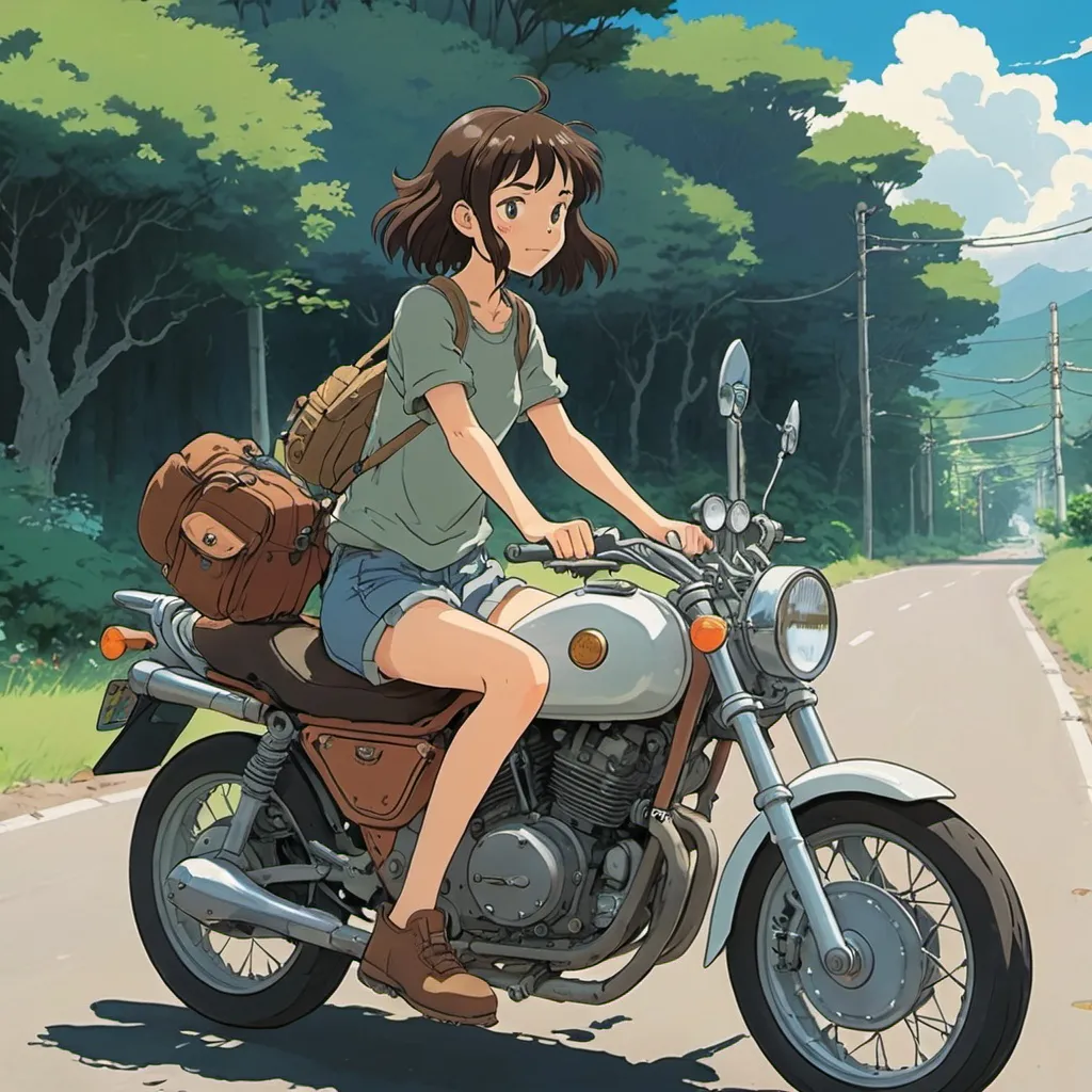 Prompt: 2d studio ghibli anime style, girl on motorcycle, anime scene