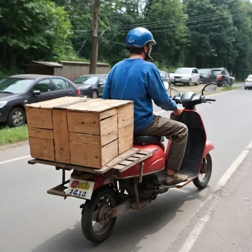 Prompt: Bum on a moped pulling a trailer full of tools