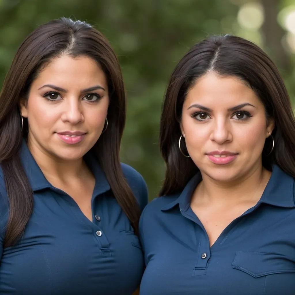 Prompt: Thick 30 year old Hispanic identical twin sisters trying to look as identical as possible 