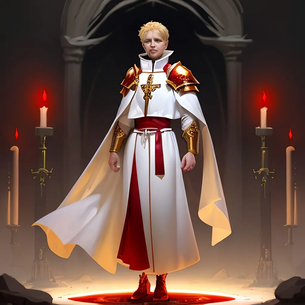 Prompt: Ministorum Priest, full body, white robes with red and gold trim, light armor, middle-aged man, short blonde hair