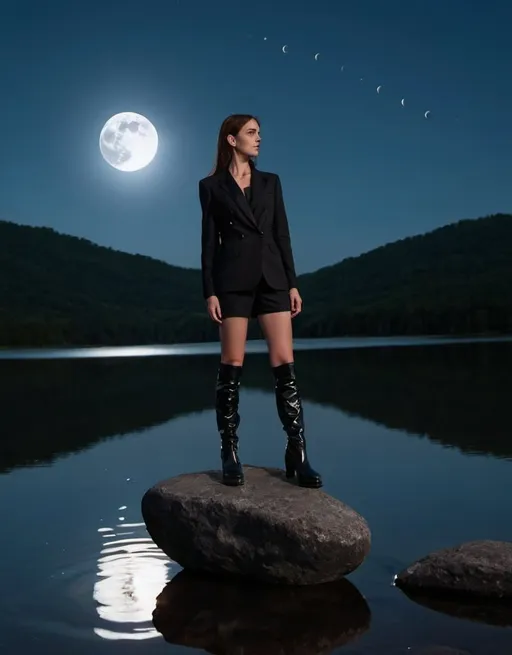 Prompt: woman in a black suit and high black boots on some rocks in a lake with a moon in eclipse in the night sky

