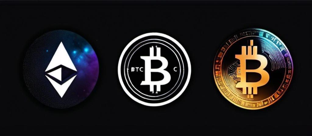 Prompt: Crypto ETH AND BTC LOGOS IN THE SPACE, dark colors, in the bottom gradient to black