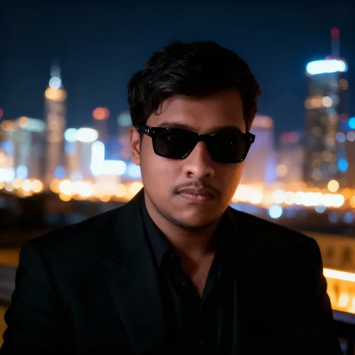 Prompt: make him in gangster look black suit black glasses black night glowing city