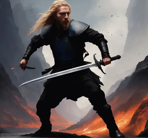 Prompt: Blonde man with long hair, beard, scars, blue eyes. Black chainmail, longsword. He's fighting devils in a volcano like canyon.