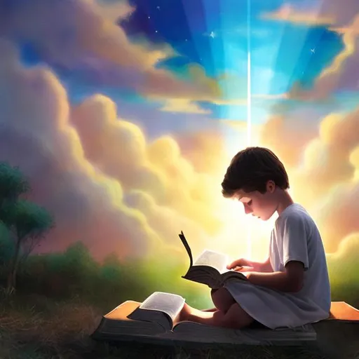 Prompt: A child reading the bible in Heaven