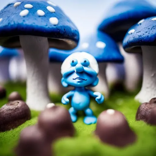 Prompt: Make a human into a smurf with mushroom houses in the background