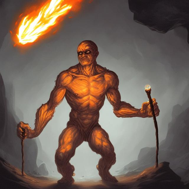 Prompt: Make a human with 4 arms and one eye who is holding a torch in a dark cave