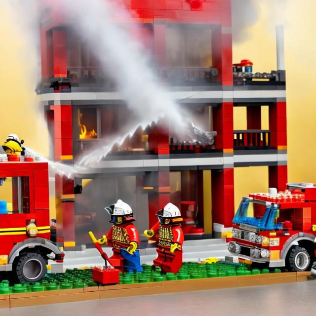 Prompt: Make a Lego house on fire with firetrucks trying to extinguish the fire and make everything in Lego