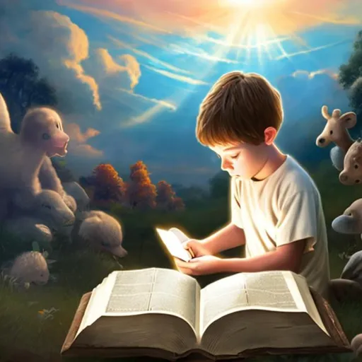 Prompt: A child reading the bible in Heaven
