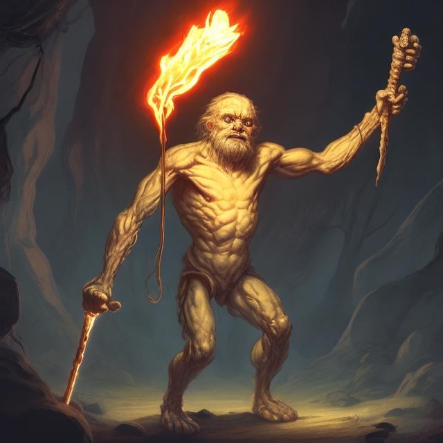 Prompt: Make a human with 4 arms and one eye who is holding a torch in a dark cave