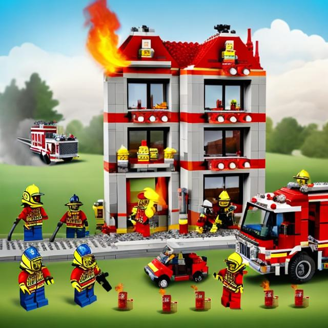 Prompt: Make a Lego house on fire with firetrucks trying to extinguish the fire and make everything in Lego
