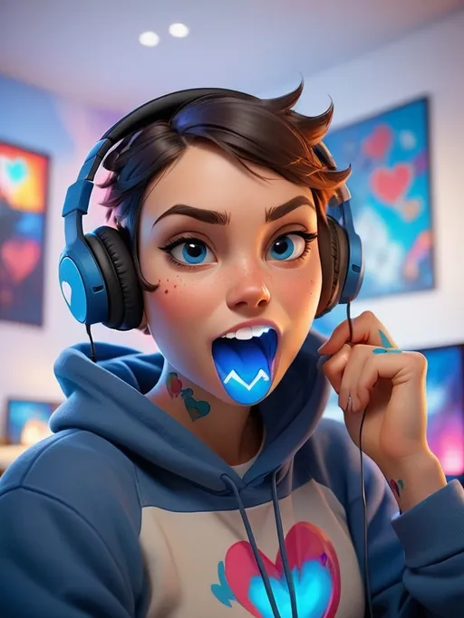 Prompt: A vibrant scene unfolds in a cozy gaming setup, where a person with a playful demeanor enjoys their time. Wearing large headphones and a striking blue hoodie emblazoned with a graphic character, they sport a subtle heart tattoo on their cheek, adding a touch of whimsy to their look. The individual holds a blue device near their mouth, suggesting a moment of interaction, perhaps in gaming or streaming. The background is softly illuminated with colorful LED lights, enhancing the ambient atmosphere, while posters on the wall hint at a personal taste in entertainment, further establishing a laid-back yet engaging mood. Through their expression, a sense of joy and comfort in their environment is palpable, creating a narrative of leisure and passion for gaming culture.