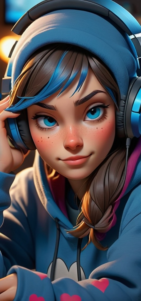 Prompt: A vibrant scene unfolds in a cozy gaming setup, where a person with a playful demeanor enjoys their time. Wearing large headphones and a striking blue hoodie emblazoned with a graphic character, they sport a subtle heart tattoo on their cheek, adding a touch of whimsy to their look. The individual holds a blue device near their mouth, suggesting a moment of interaction, perhaps in gaming or streaming. The background is softly illuminated with colorful LED lights, enhancing the ambient atmosphere, while posters on the wall hint at a personal taste in entertainment, further establishing a laid-back yet engaging mood. Through their expression, a sense of joy and comfort in their environment is palpable, creating a narrative of leisure and passion for gaming culture.