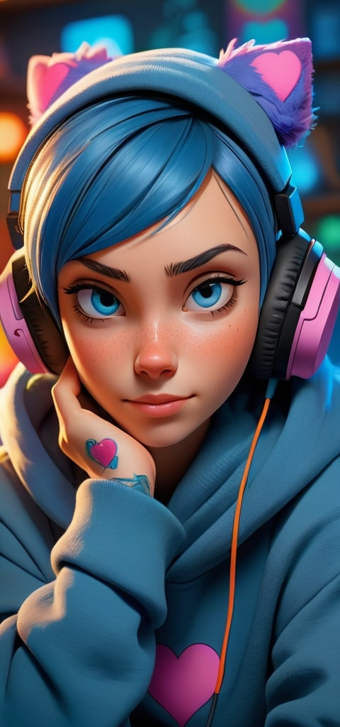 Prompt: A vibrant scene unfolds in a cozy gaming setup, where a person with a playful demeanor enjoys their time. Wearing large headphones and a striking blue hoodie emblazoned with a graphic character, they sport a subtle heart tattoo on their cheek, adding a touch of whimsy to their look. The individual holds a blue device near their mouth, suggesting a moment of interaction, perhaps in gaming or streaming. The background is softly illuminated with colorful LED lights, enhancing the ambient atmosphere, while posters on the wall hint at a personal taste in entertainment, further establishing a laid-back yet engaging mood. Through their expression, a sense of joy and comfort in their environment is palpable, creating a narrative of leisure and passion for gaming culture.