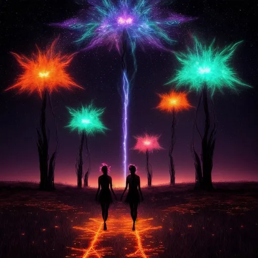 Prompt:  A couple of the fae,walking in limbo,lights of all colours flash,neon glow ,exploding star fill the air,kaleidescopic pattern,spears over shoulders,an orange dustcloud on the horizon,light flashes within, ambient lighting.