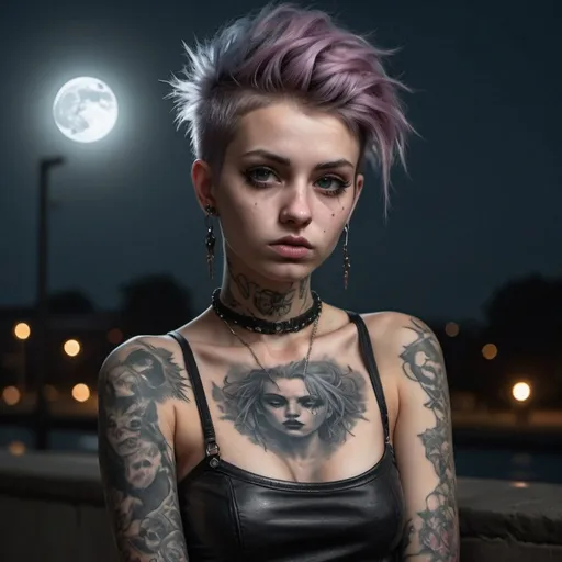 Prompt: STATUESQUE PUNK GIRL,TATTOOS,DARK,ULTRA REALISM,DARK,MOONLIGHT,8K,PHOTO REALISM,