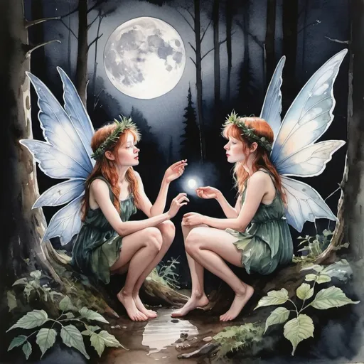 Prompt: Forest faeries under the moonlight,hyper realism,watercolour.
