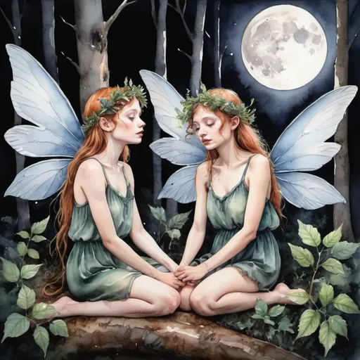 Prompt: Forest faeries under the moonlight,hyper realism,watercolour.