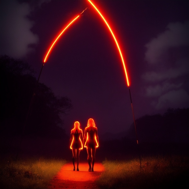 Prompt:  A couple of the fae,walking in limbo,lights of all colours flash,neon glow ,spears over shoulders,an orange dustcloud on the horizon,light flashes within, ambient lighting.