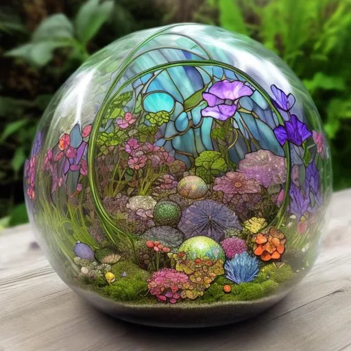Prompt:  Bio sphere terrarium,kaleidoscopic  , small alpine flowers,many colours,  photo realism ,stained glass neon glow mermaid,psychedelic art,art nouveau,Alphonse Mucha