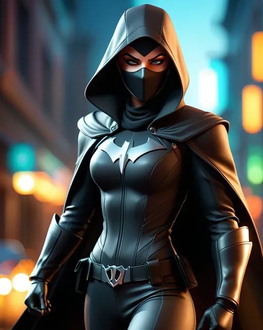 Prompt: (masked vigilante), (full-body 3D character), (digital illustration), ultra-detailed, high-resolution, cinematic lighting, dramatic shadows, sleek design, intense atmosphere, action-ready pose, dark color palette, dynamic composition, unique mask design, engaging background elements, thrilling ambiance, trending on ArtStation, high-quality rendering.