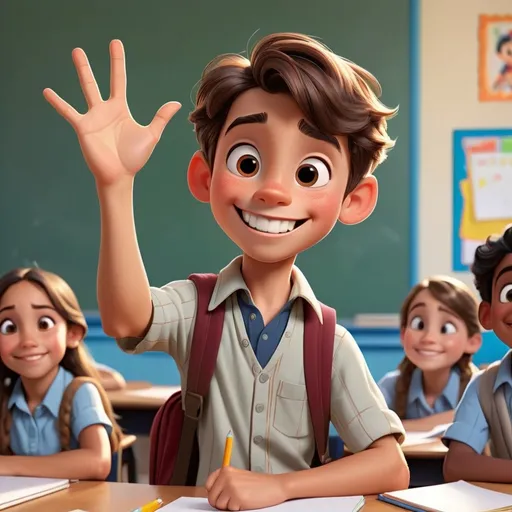 Prompt: Disney style boy with the asking the idea to the teacher with raising his hand and smiling face