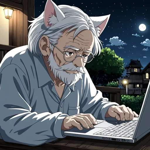 Prompt: anime, old man, 
white cat sits on a laptop at night., cat ears, very detailed