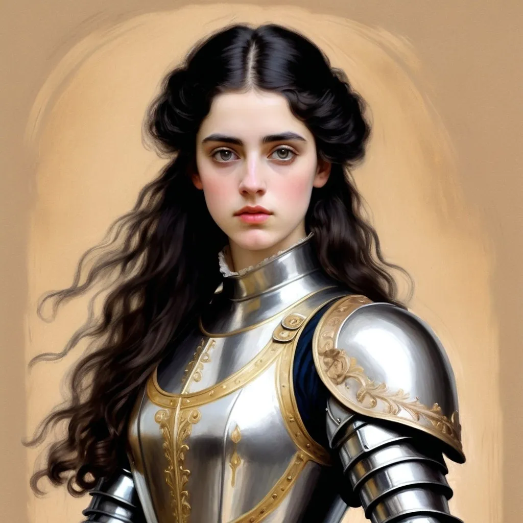 Prompt: Rough Colourful pastel sketch drawing of a woman on brown paperCreate an image in the style of 18th-century paintings of a young woman wearing matte silver medieval armor with golden details. The young woman has long black hair and is standing, looking forward with a serious expression. The image should be in the romantic painting style of the 18th century, with delicate details reminiscent of romantic painters from that era, such as Albert Lynch and Alma Tadema, and featuring brush painting techniques.