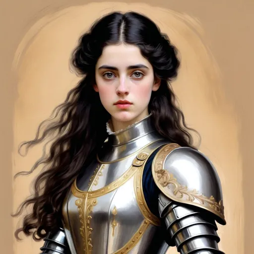 Prompt: Rough Colourful pastel sketch drawing of a woman on brown paperCreate an image in the style of 18th-century paintings of a young woman wearing matte silver medieval armor with golden details. The young woman has long black hair and is standing, looking forward with a serious expression. The image should be in the romantic painting style of the 18th century, with delicate details reminiscent of romantic painters from that era, such as Albert Lynch and Alma Tadema, and featuring brush painting techniques.