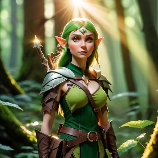 Prompt: Elf ranger in a mystical forest around sunlight