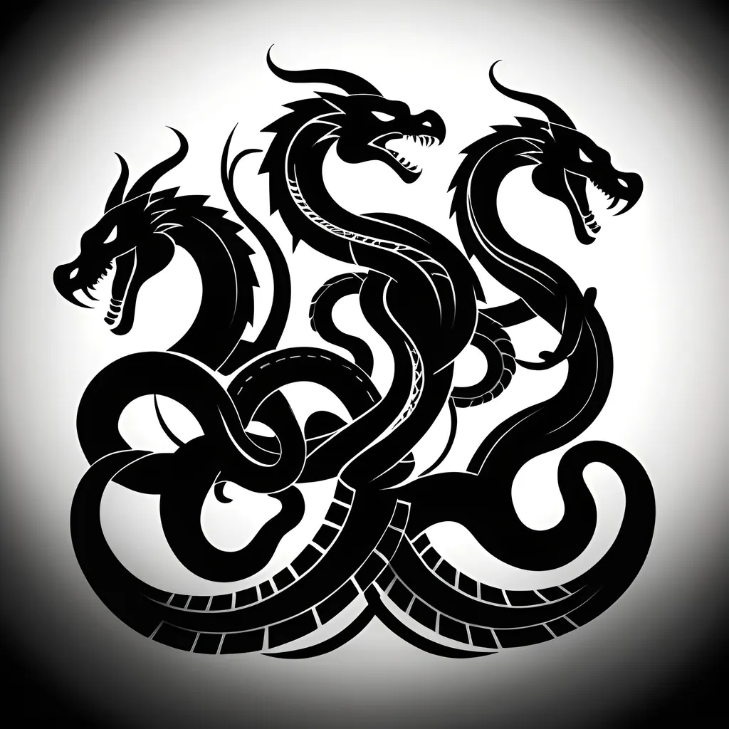 Prompt:  fierce seven headed serpent shilouette, black and white, fighting with spartans