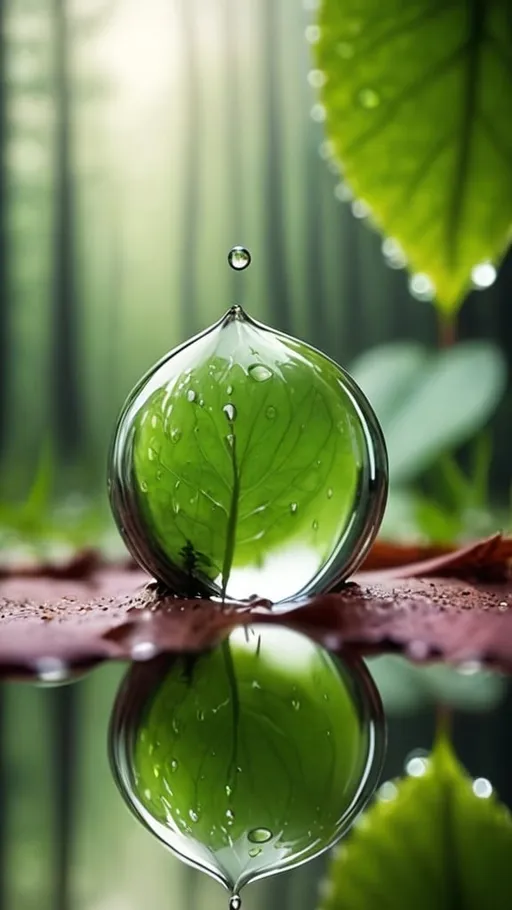 Prompt: macro video of reflection in water drop on leaf. In reflection there are forest