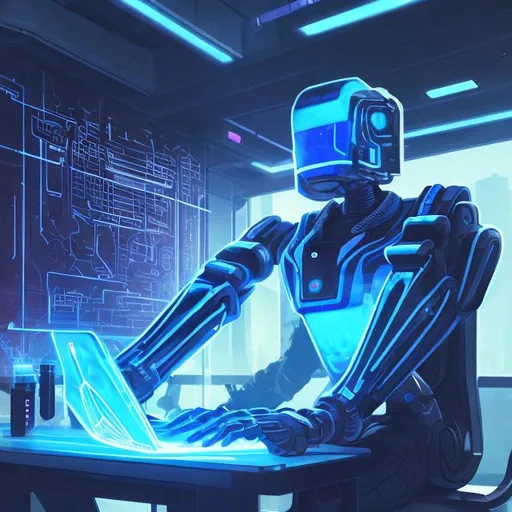 Prompt: an humanoid futuristic robot sitting on a chair in a room and working on a super holographic computer controlling the entire neutral network of all technology on planet , gothic art painting
