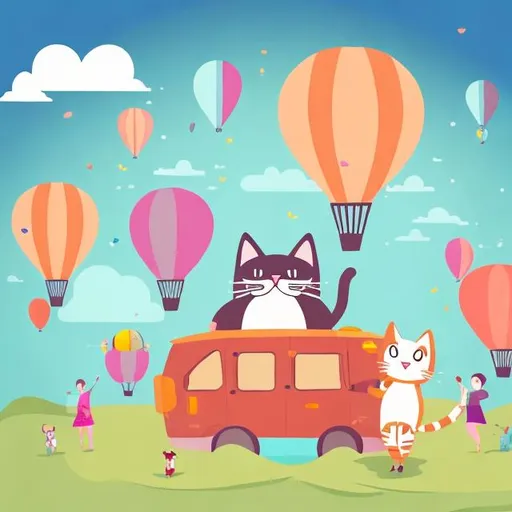 Prompt: a cat enjoying in fun land with people and air balloons. 