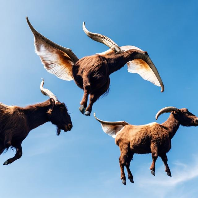 Prompt: brown goats flying in the blue sky with wings and it is day time