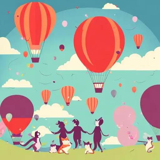 Prompt: a cat enjoying in fun land with people and air balloons. 