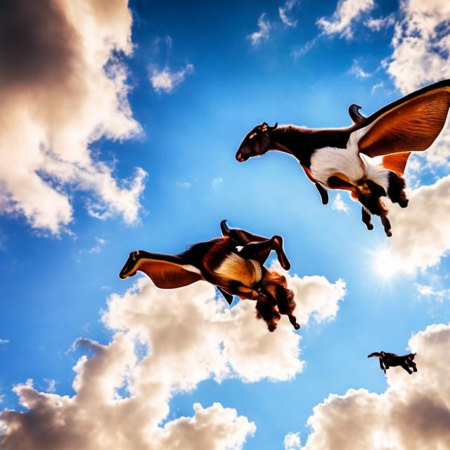 Prompt: brown goats flying in the blue sky with wings and it is day time